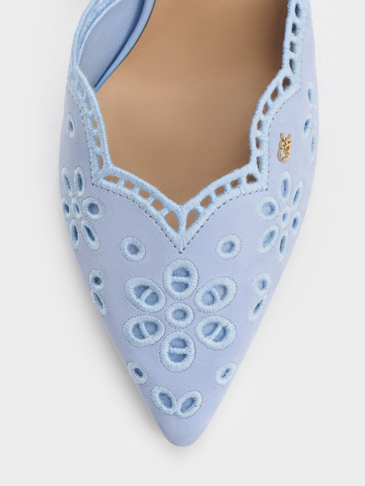 Leather Embroidered Pointed Slingback Pumps - Light Blue | CHARLES & KEITH