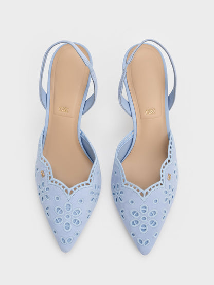 Leather Embroidered Pointed Slingback Pumps - Light Blue | CHARLES & KEITH