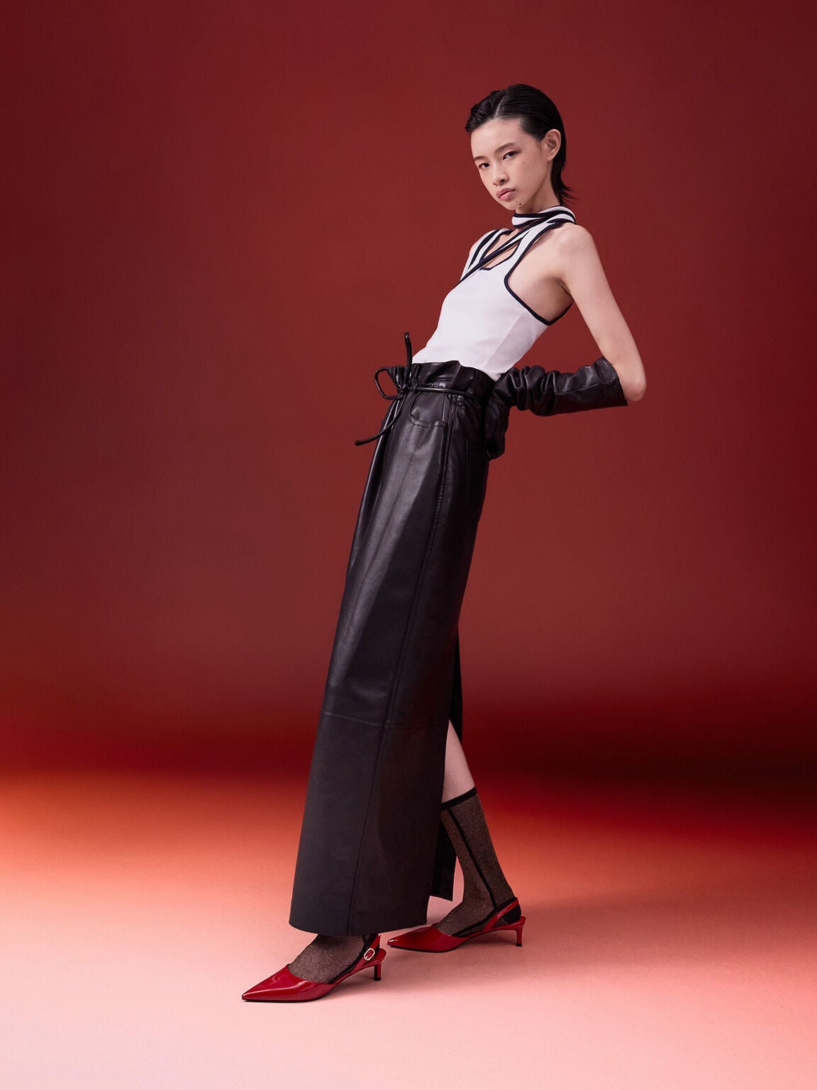 Patent Pointed Slingback Kitten Heels - Red | CHARLES & KEITH