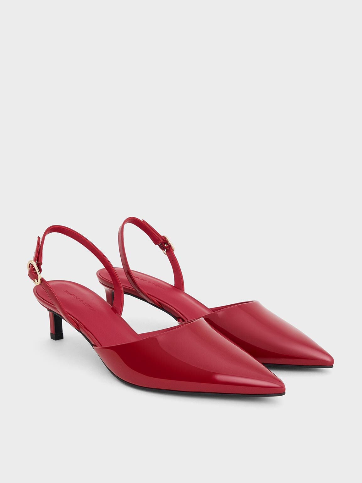 Patent Pointed Slingback Kitten Heels - Red | CHARLES & KEITH