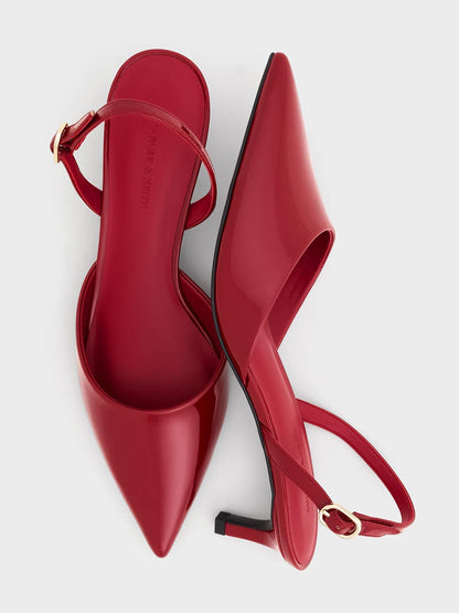 Patent Pointed Slingback Kitten Heels - Red | CHARLES & KEITH