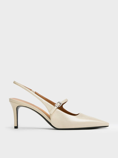 Pointed Slingback Mary Jane Pumps - Beige | CHARLES & KEITH