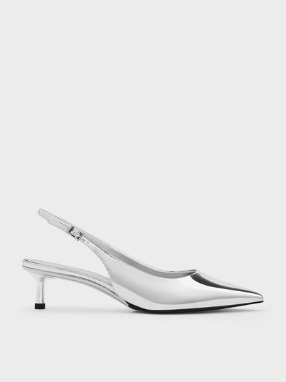 Curtis Metallic Slingback Kitten Heels - Silver | CHARLES & KEITH