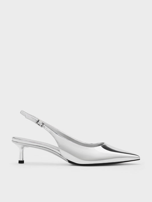 Curtis Metallic Slingback Kitten Heels - Silver | CHARLES & KEITH