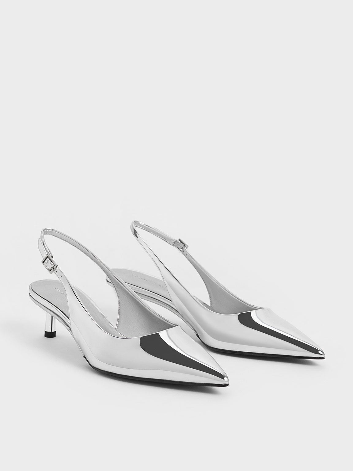 Curtis Metallic Slingback Kitten Heels - Silver | CHARLES & KEITH