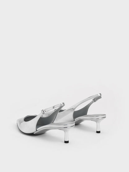 Curtis Metallic Slingback Kitten Heels - Silver | CHARLES & KEITH
