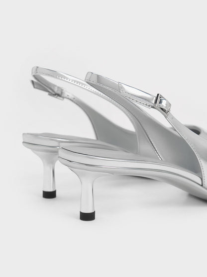 Curtis Metallic Slingback Kitten Heels - Silver | CHARLES & KEITH