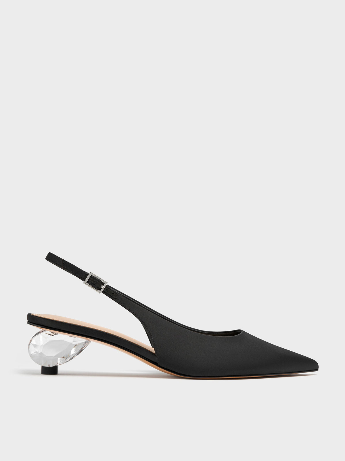 Pointed Crystal-Heel Slingback Pumps - Black Textured | CHARLES & KEITH