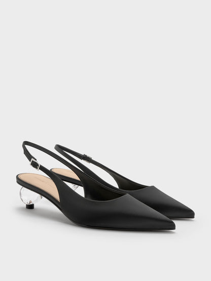 Pointed Crystal-Heel Slingback Pumps - Black Textured | CHARLES & KEITH