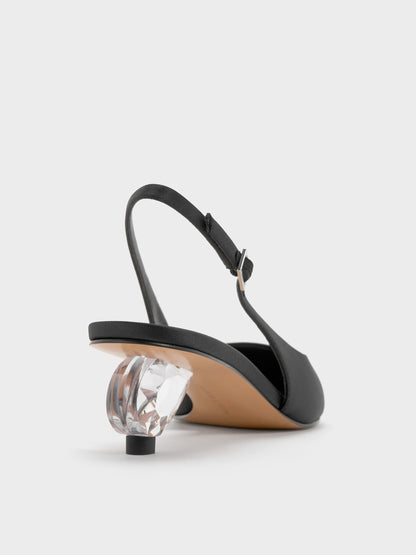 Pointed Crystal-Heel Slingback Pumps - Black Textured | CHARLES & KEITH