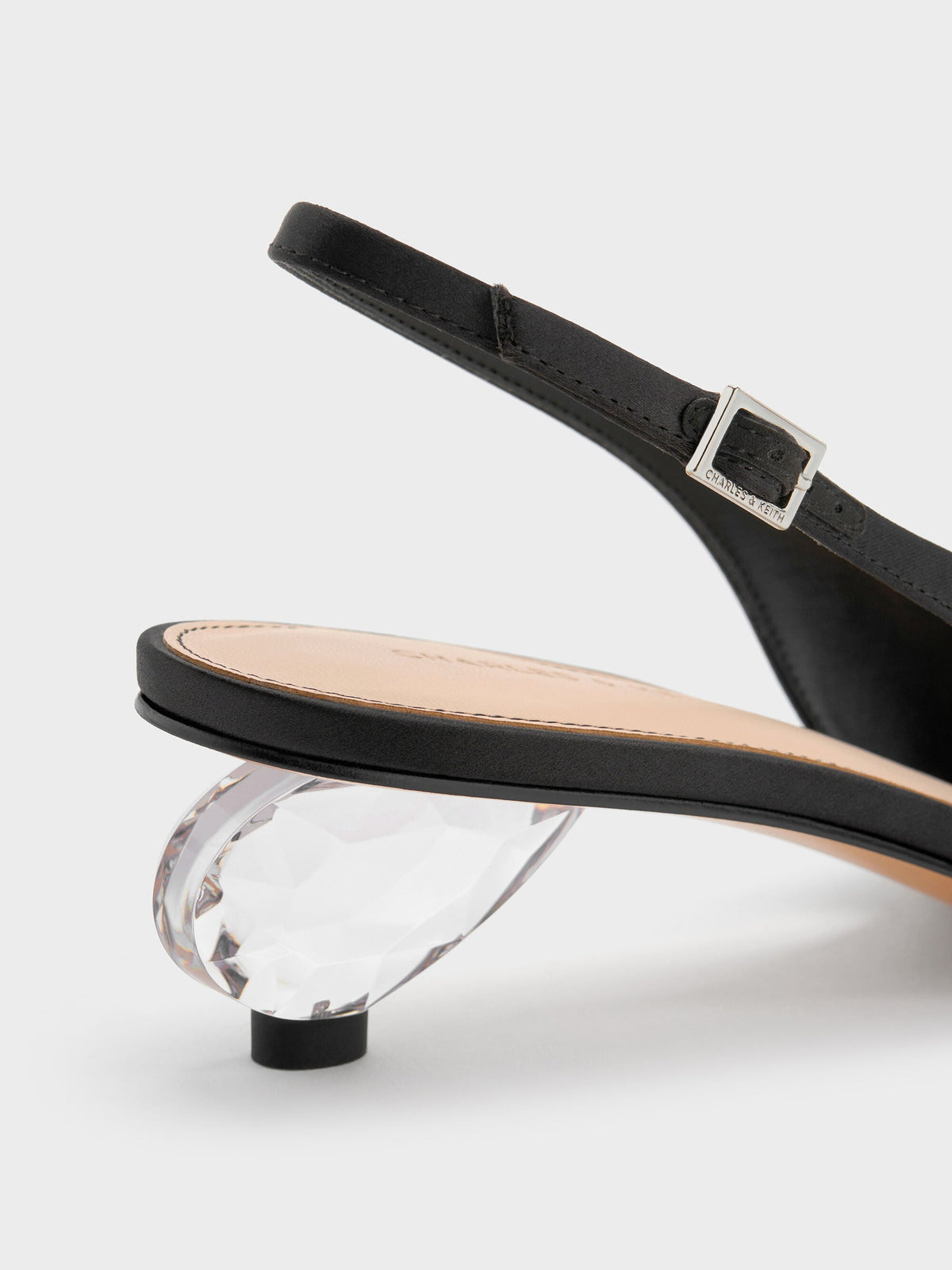 Pointed Crystal-Heel Slingback Pumps - Black Textured | CHARLES & KEITH