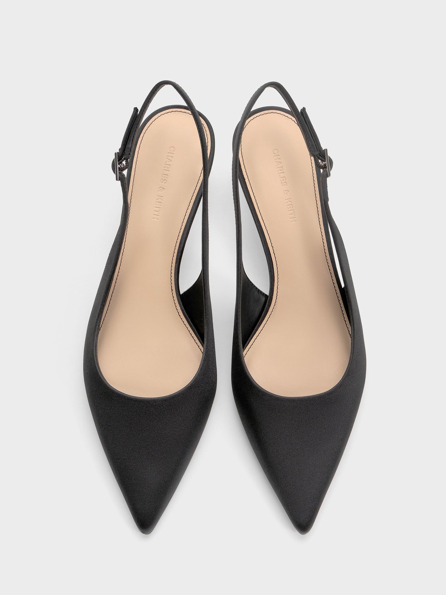 Pointed Crystal-Heel Slingback Pumps - Black Textured | CHARLES & KEITH