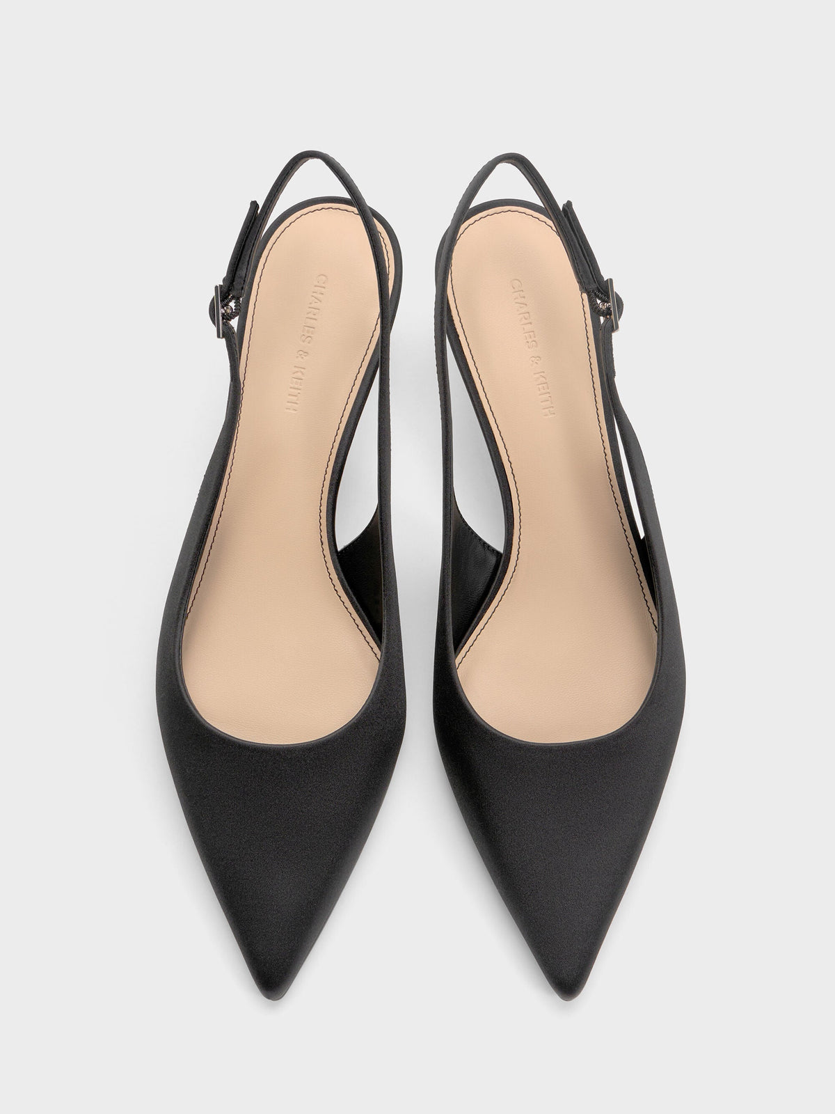 Pointed Crystal-Heel Slingback Pumps - Black Textured | CHARLES & KEITH