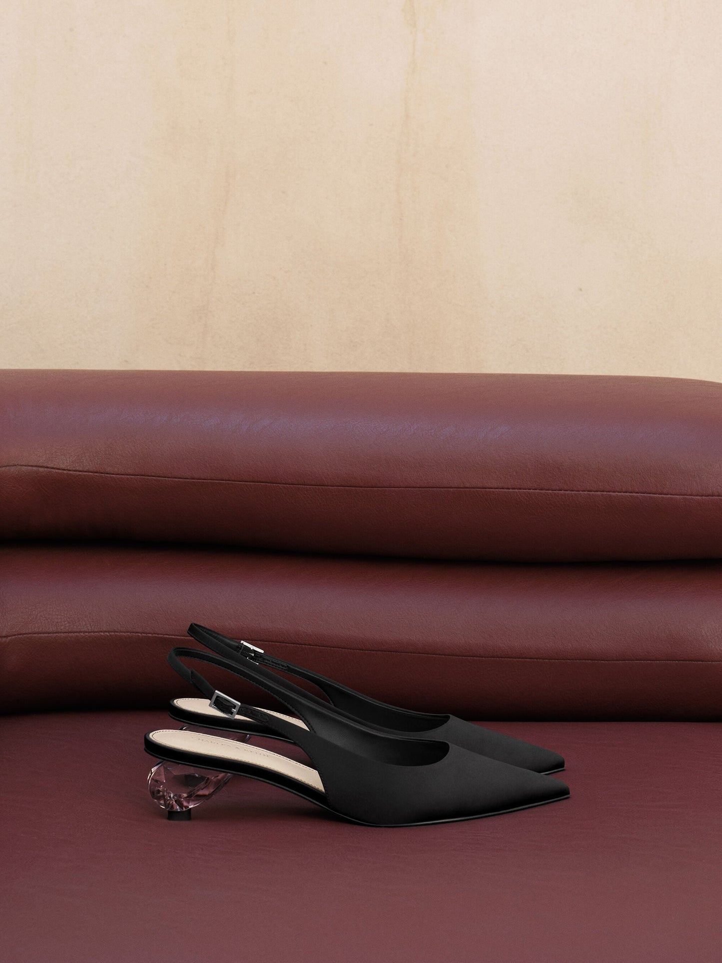 Pointed Crystal-Heel Slingback Pumps - Black Textured | CHARLES & KEITH