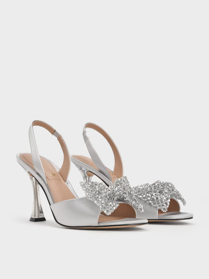 Beaded Bow Slingback Pumps - Silver | CHARLES & KEITH