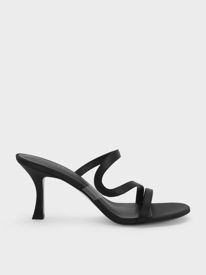 Arden Satin Wavy Heeled Mules - Black Textured | CHARLES & KEITH