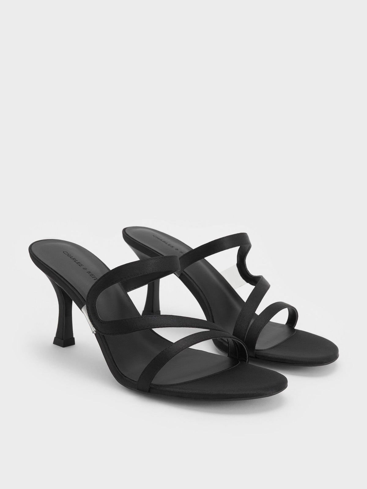 Arden Satin Wavy Heeled Mules - Black Textured | CHARLES & KEITH