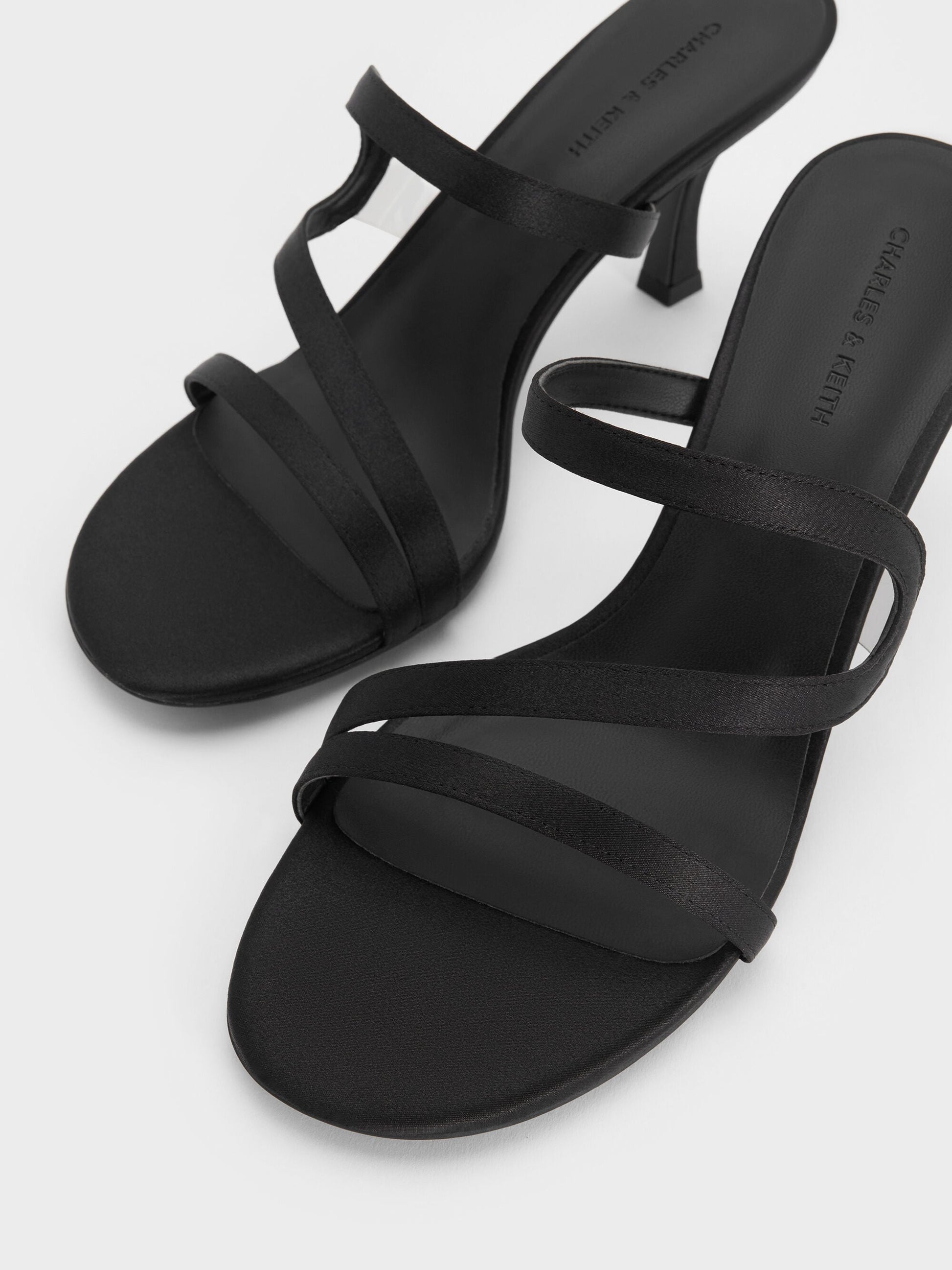 Arden Satin Wavy Heeled Mules - Black Textured | CHARLES & KEITH