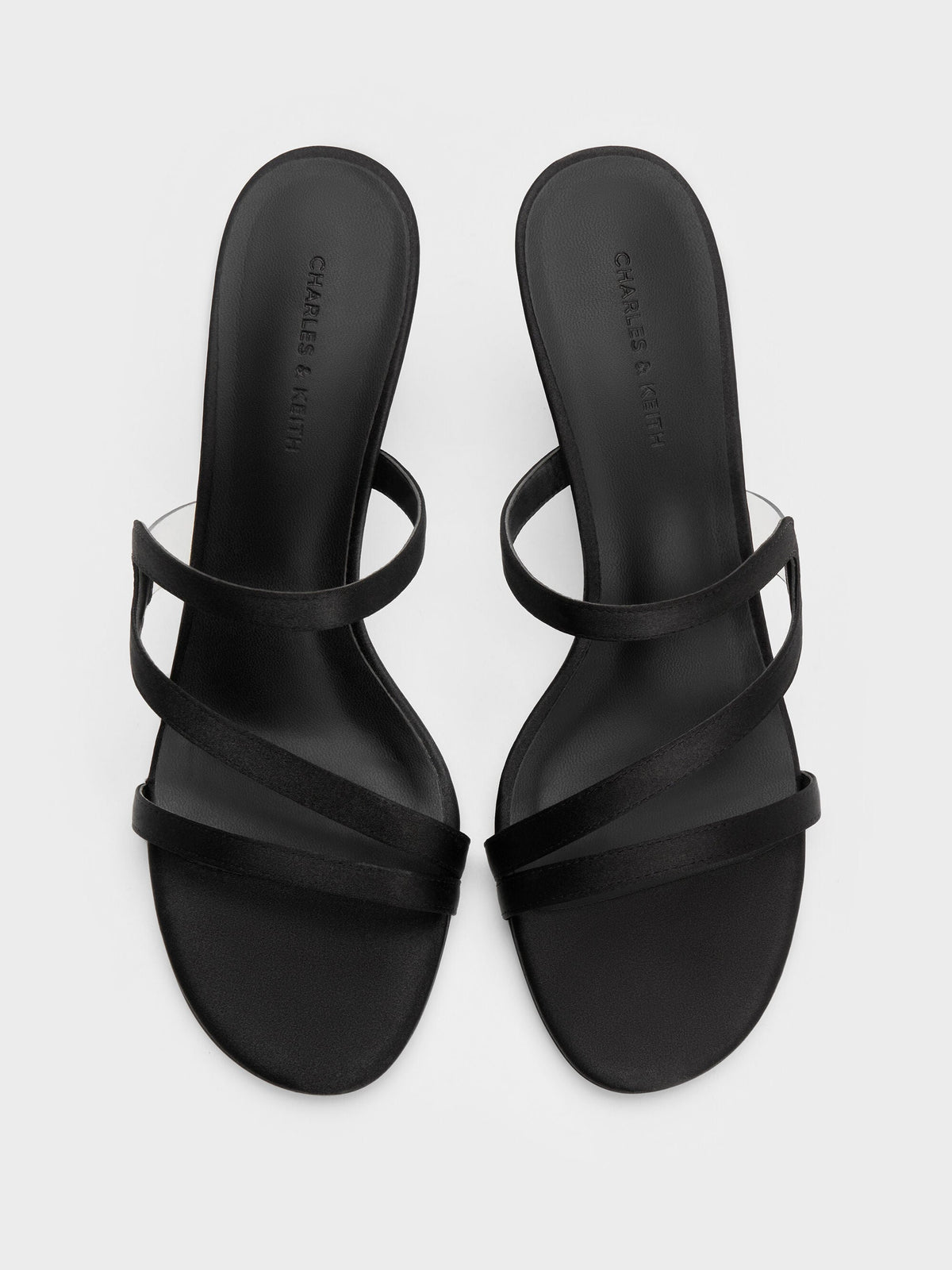 Arden Satin Wavy Heeled Mules - Black Textured | CHARLES & KEITH