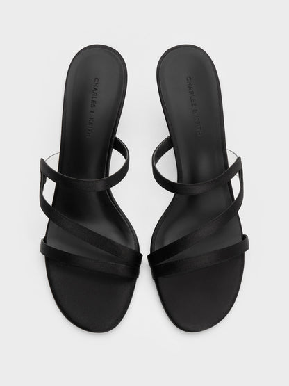 Arden Satin Wavy Heeled Mules - Black Textured | CHARLES & KEITH