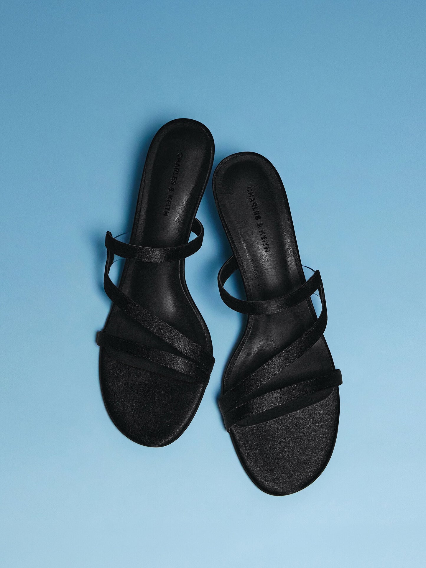 Arden Satin Wavy Heeled Mules - Black Textured | CHARLES & KEITH