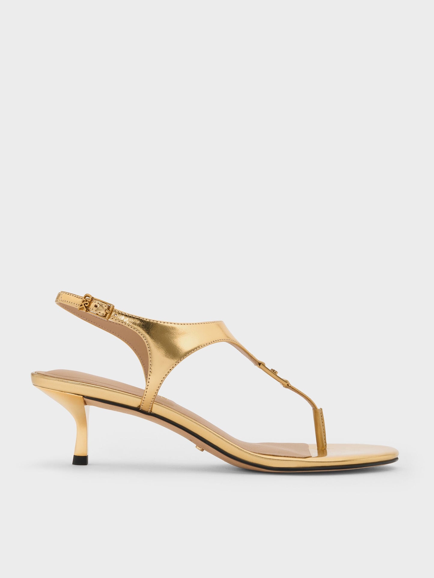 Metallic Leather Thong Kitten Heels - Gold | CHARLES & KEITH