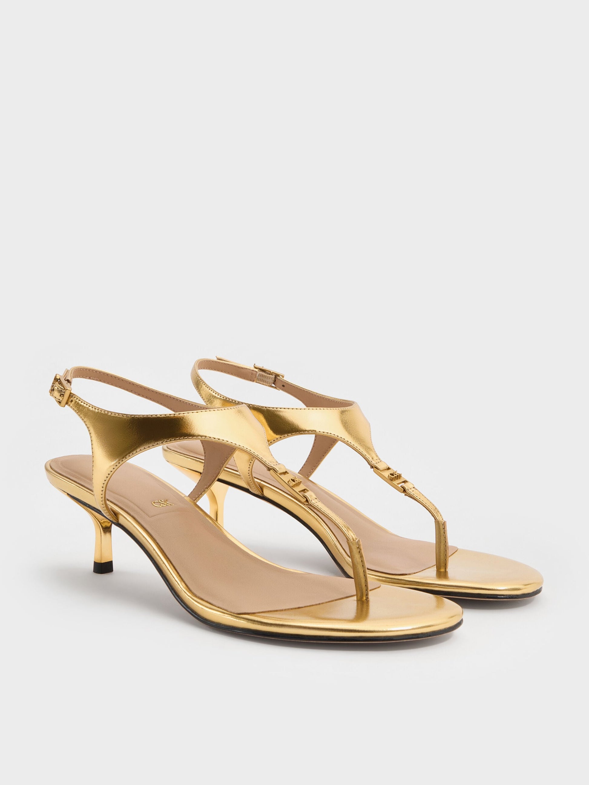 Metallic Leather Thong Kitten Heels - Gold | CHARLES & KEITH