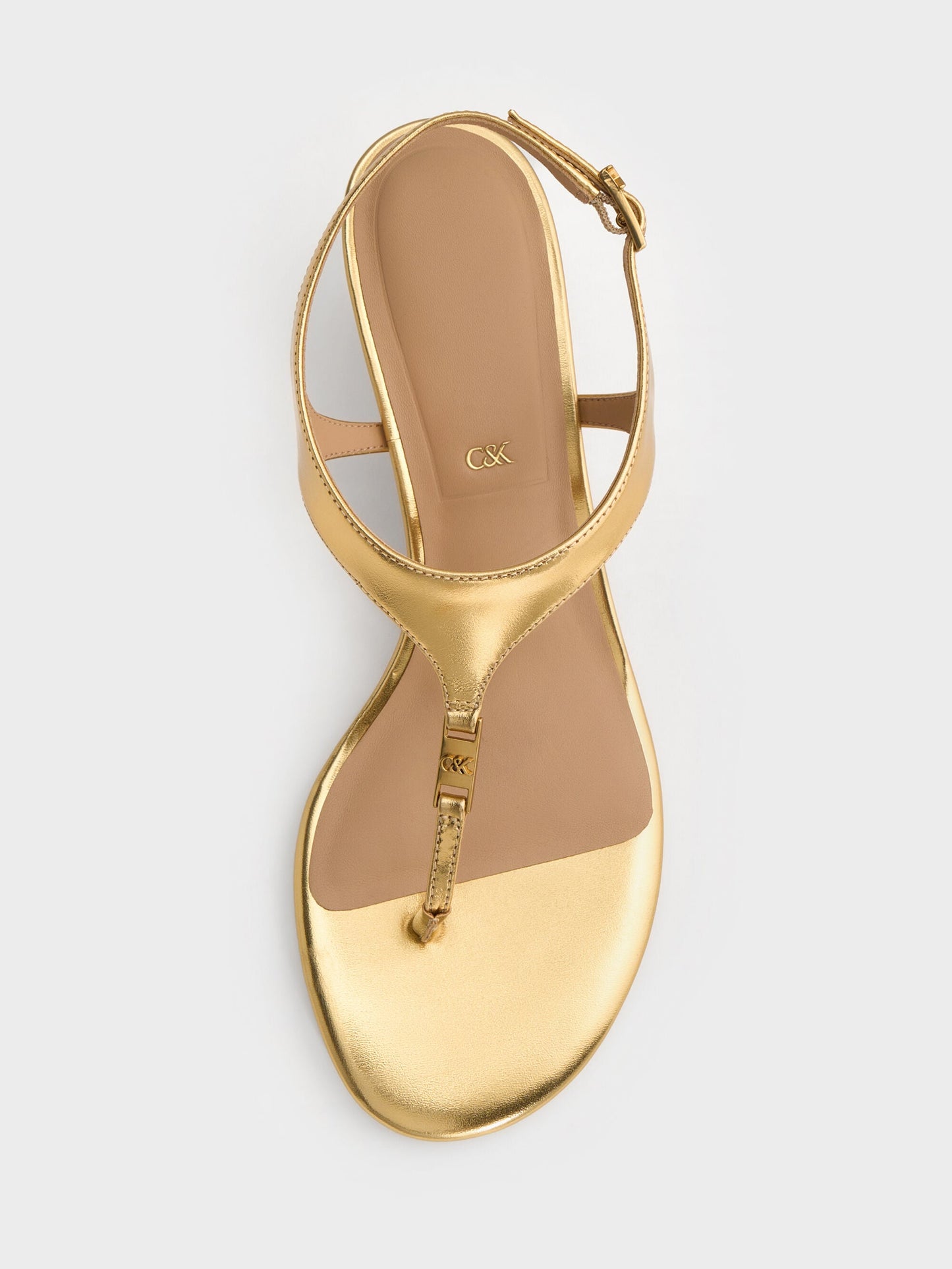 Metallic Leather Thong Kitten Heels - Gold | CHARLES & KEITH
