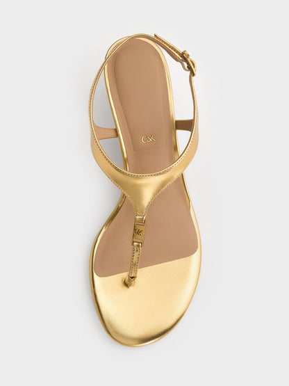 Metallic Leather Thong Kitten Heels - Gold | CHARLES & KEITH