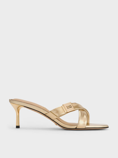 Cody Metallic Leather Crossover Heeled Mules - Gold | CHARLES & KEITH