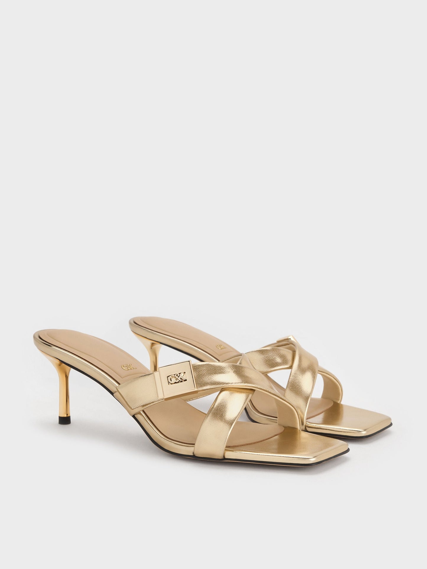 Cody Metallic Leather Crossover Heeled Mules - Gold | CHARLES & KEITH