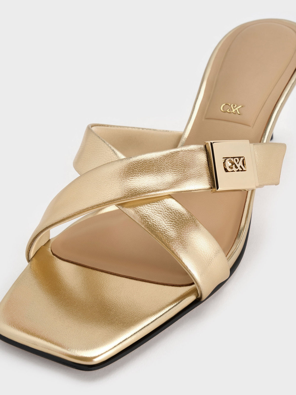 Cody Metallic Leather Crossover Heeled Mules - Gold | CHARLES & KEITH
