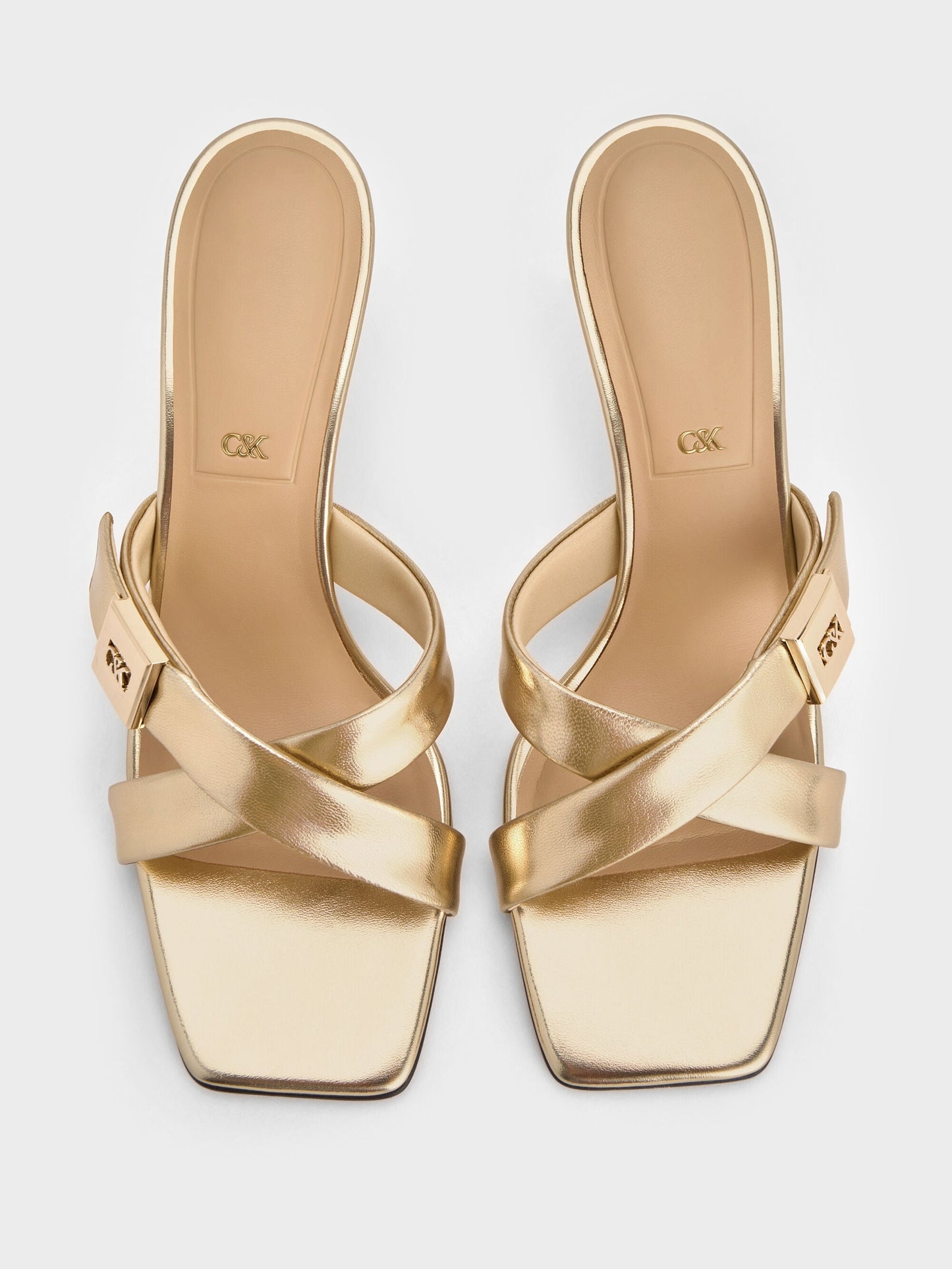 Cody Metallic Leather Crossover Heeled Mules - Gold | CHARLES & KEITH