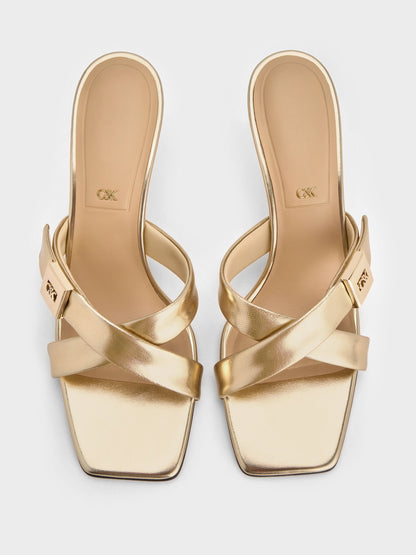 Cody Metallic Leather Crossover Heeled Mules - Gold | CHARLES & KEITH
