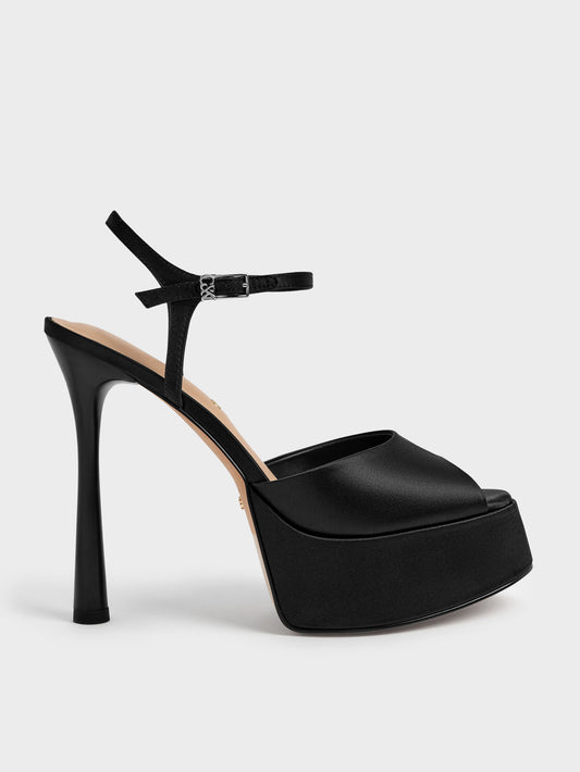 Francesca Peep-Toe Platform Heels - Black Textured | CHARLES & KEITH