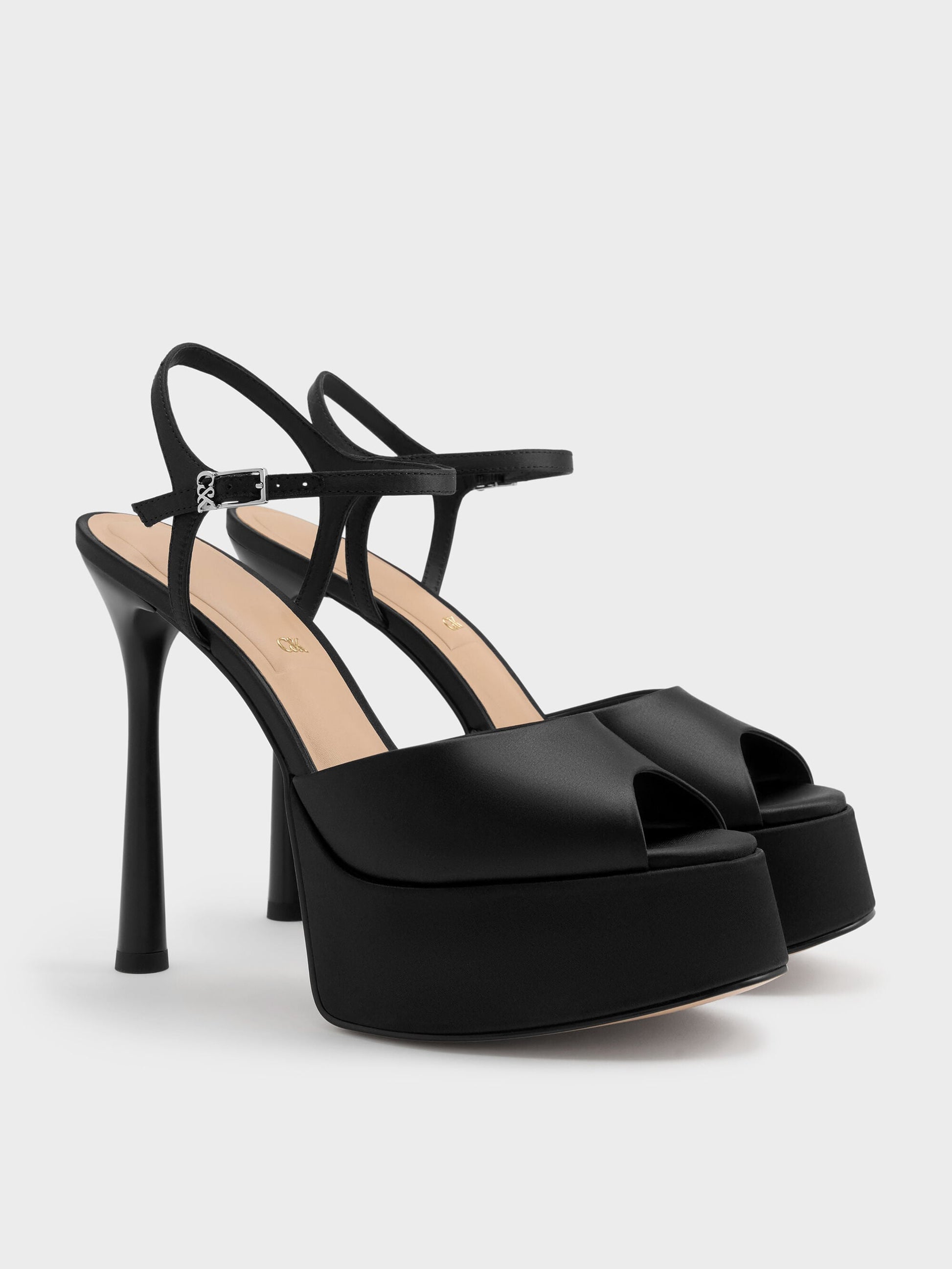 Francesca Peep-Toe Platform Heels - Black Textured | CHARLES & KEITH