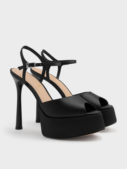Francesca Peep-Toe Platform Heels - Black Textured | CHARLES & KEITH