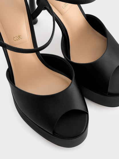 Francesca Peep-Toe Platform Heels - Black Textured | CHARLES & KEITH