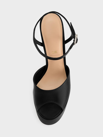 Francesca Peep-Toe Platform Heels - Black Textured | CHARLES & KEITH