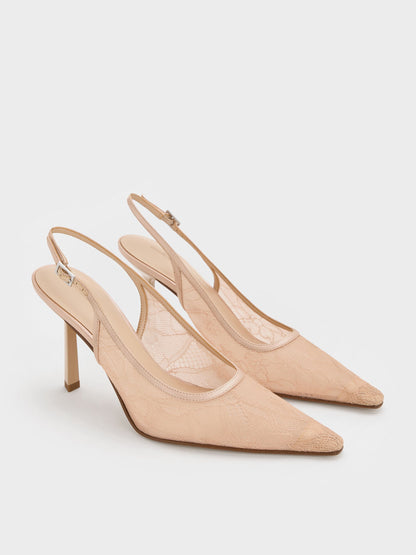Lace & Satin Slingback Pumps - Nude | CHARLES & KEITH