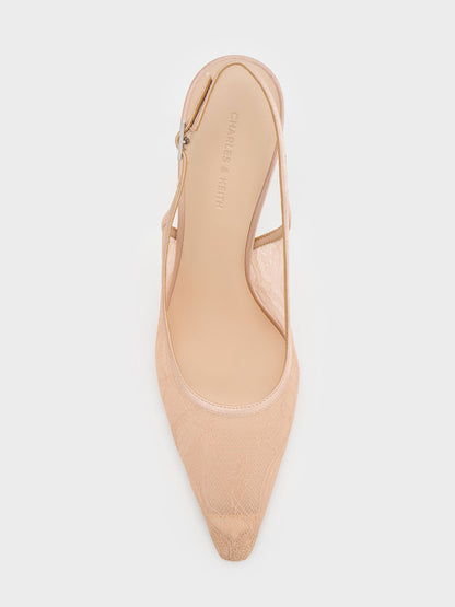 Lace & Satin Slingback Pumps - Nude | CHARLES & KEITH
