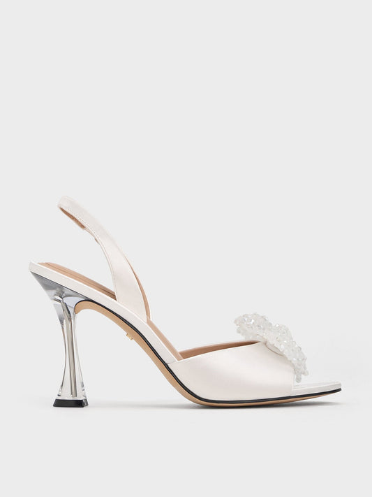 Beaded Bow Slingback Pumps - White | CHARLES & KEITH