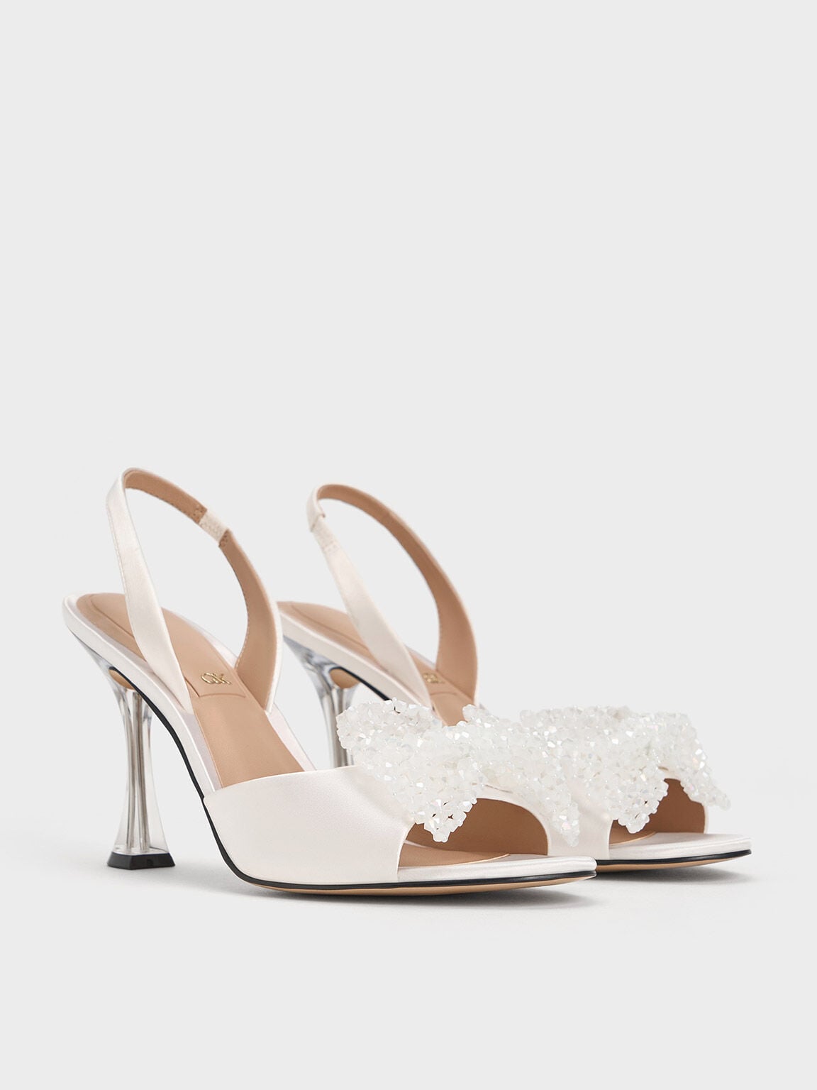 Beaded Bow Slingback Pumps - White | CHARLES & KEITH