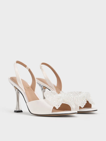 Beaded Bow Slingback Pumps - White | CHARLES & KEITH