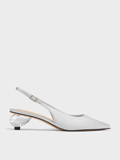 Pointed Crystal-Heel Slingback Pumps - Silver | CHARLES & KEITH