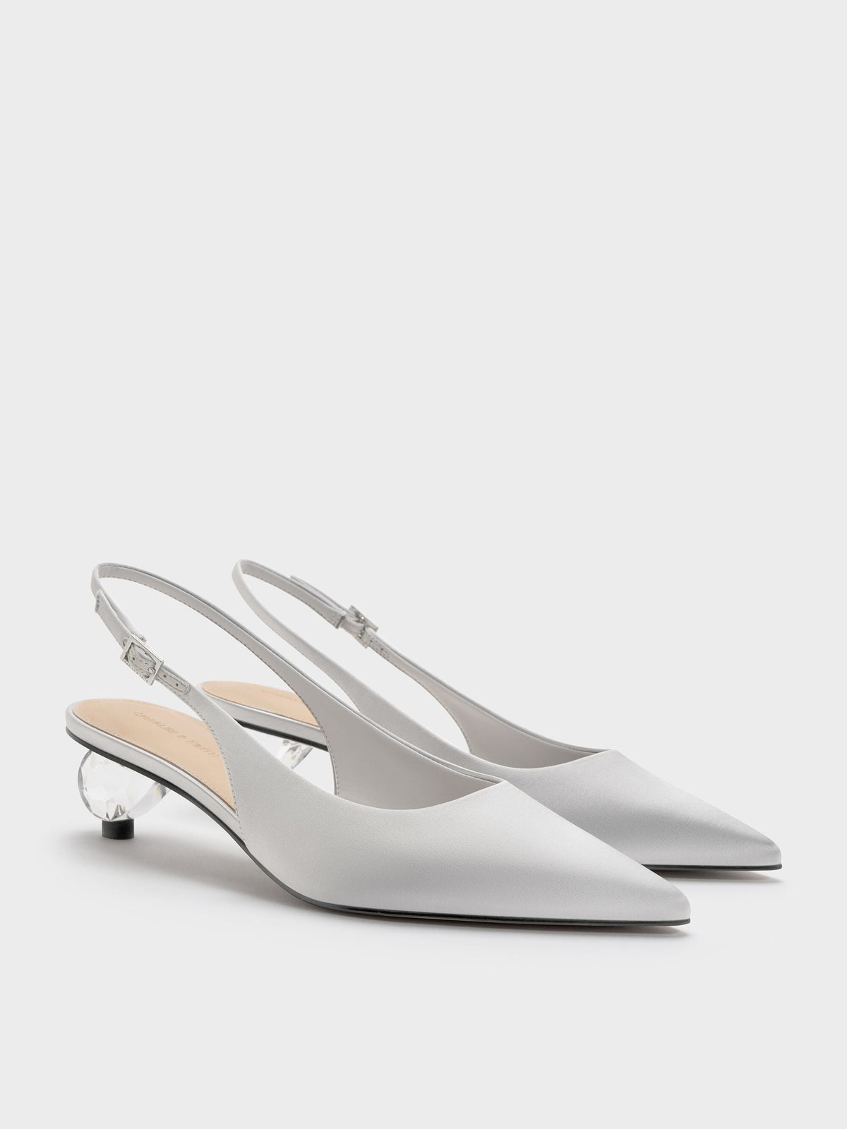 Pointed Crystal-Heel Slingback Pumps - Silver | CHARLES & KEITH