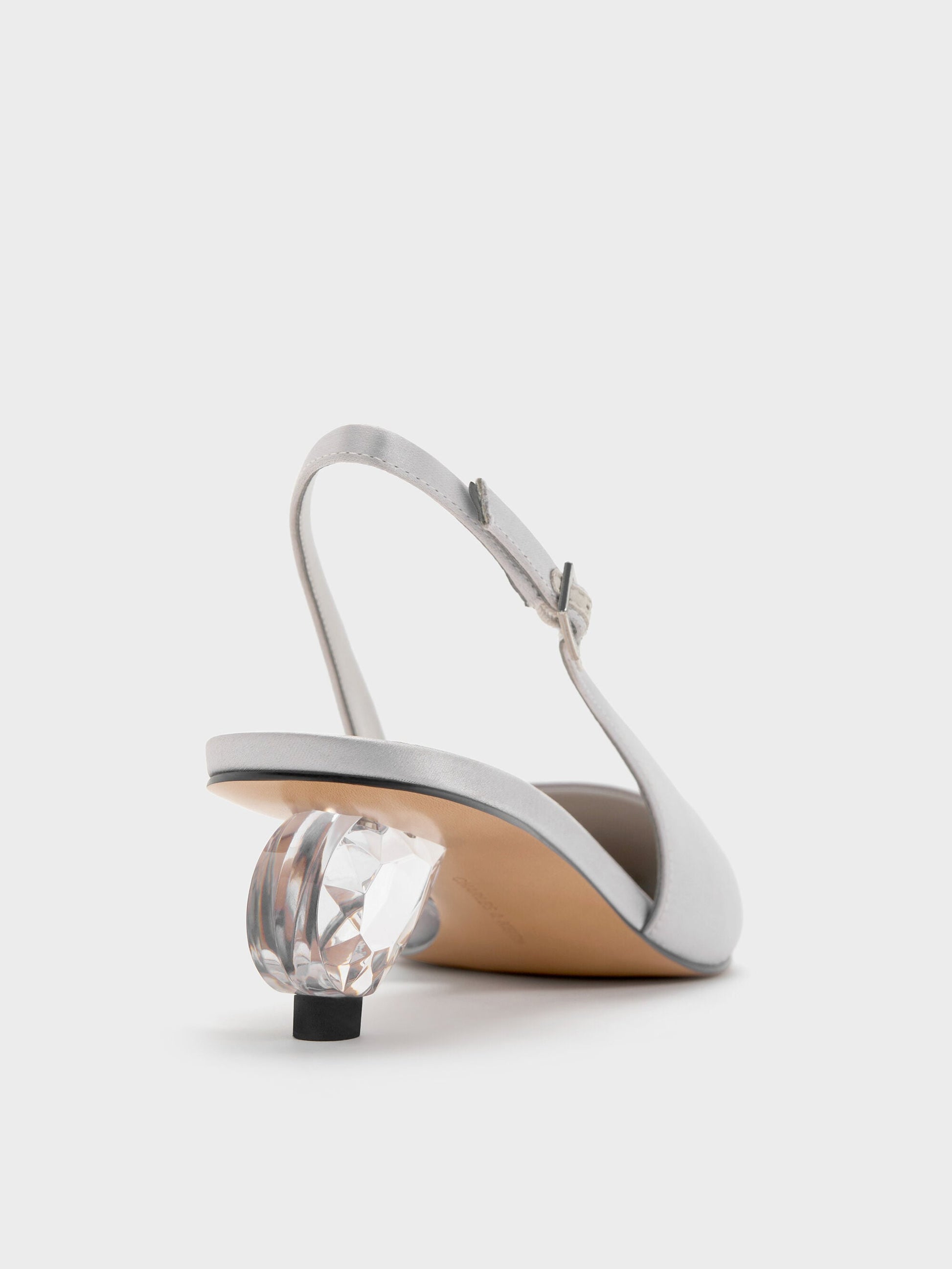 Pointed Crystal-Heel Slingback Pumps - Silver | CHARLES & KEITH