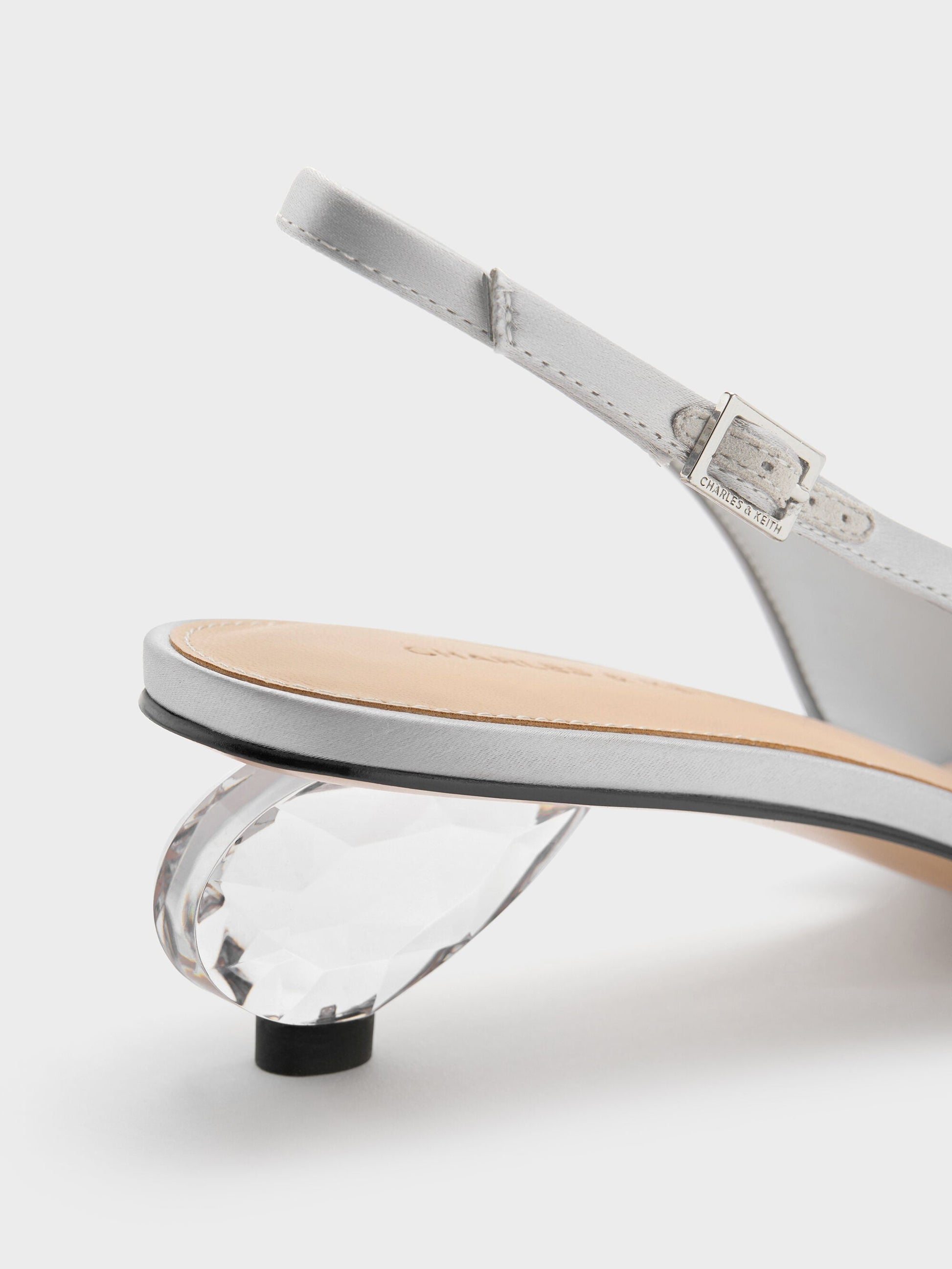 Pointed Crystal-Heel Slingback Pumps - Silver | CHARLES & KEITH