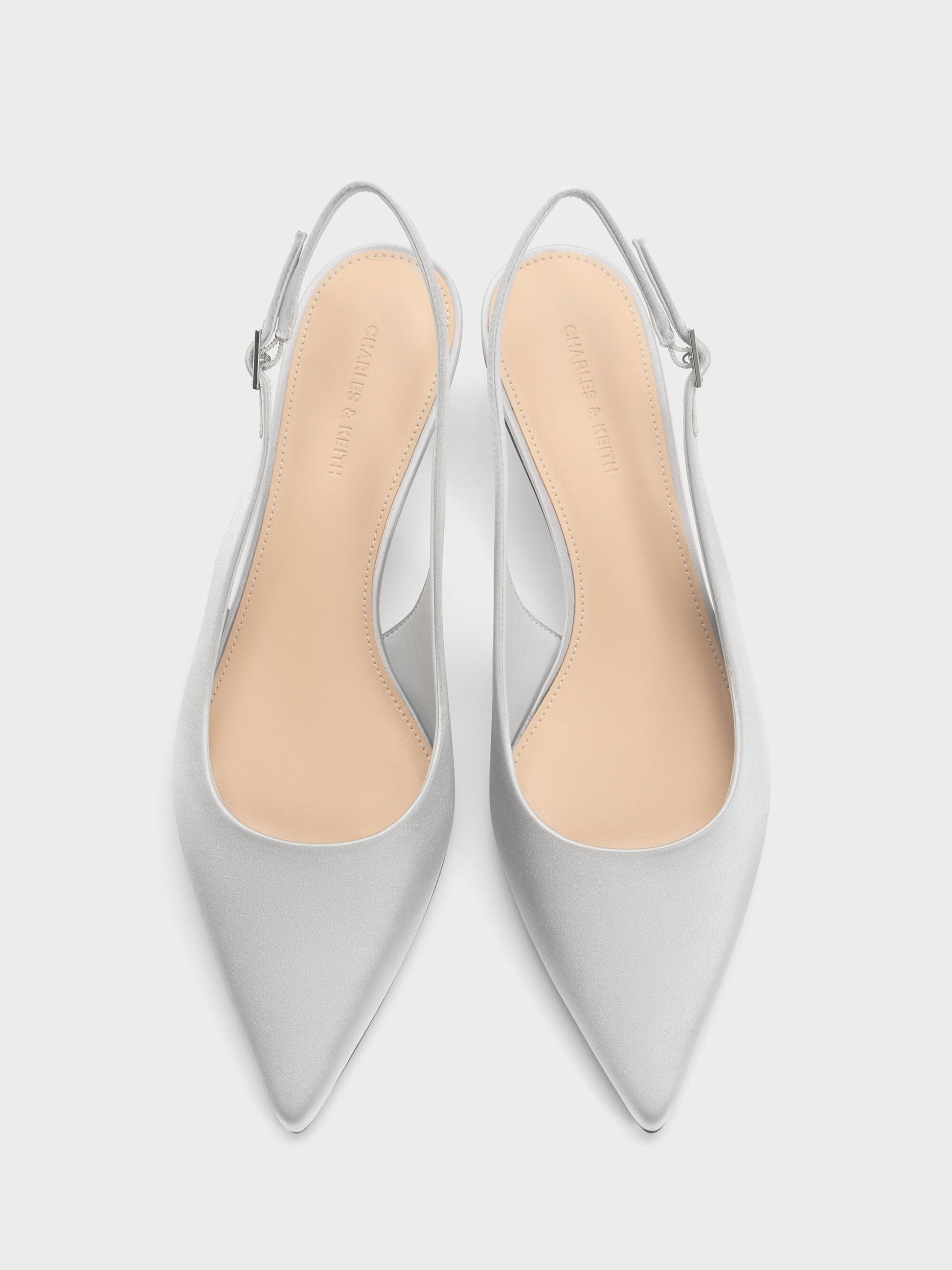 Pointed Crystal-Heel Slingback Pumps - Silver | CHARLES & KEITH