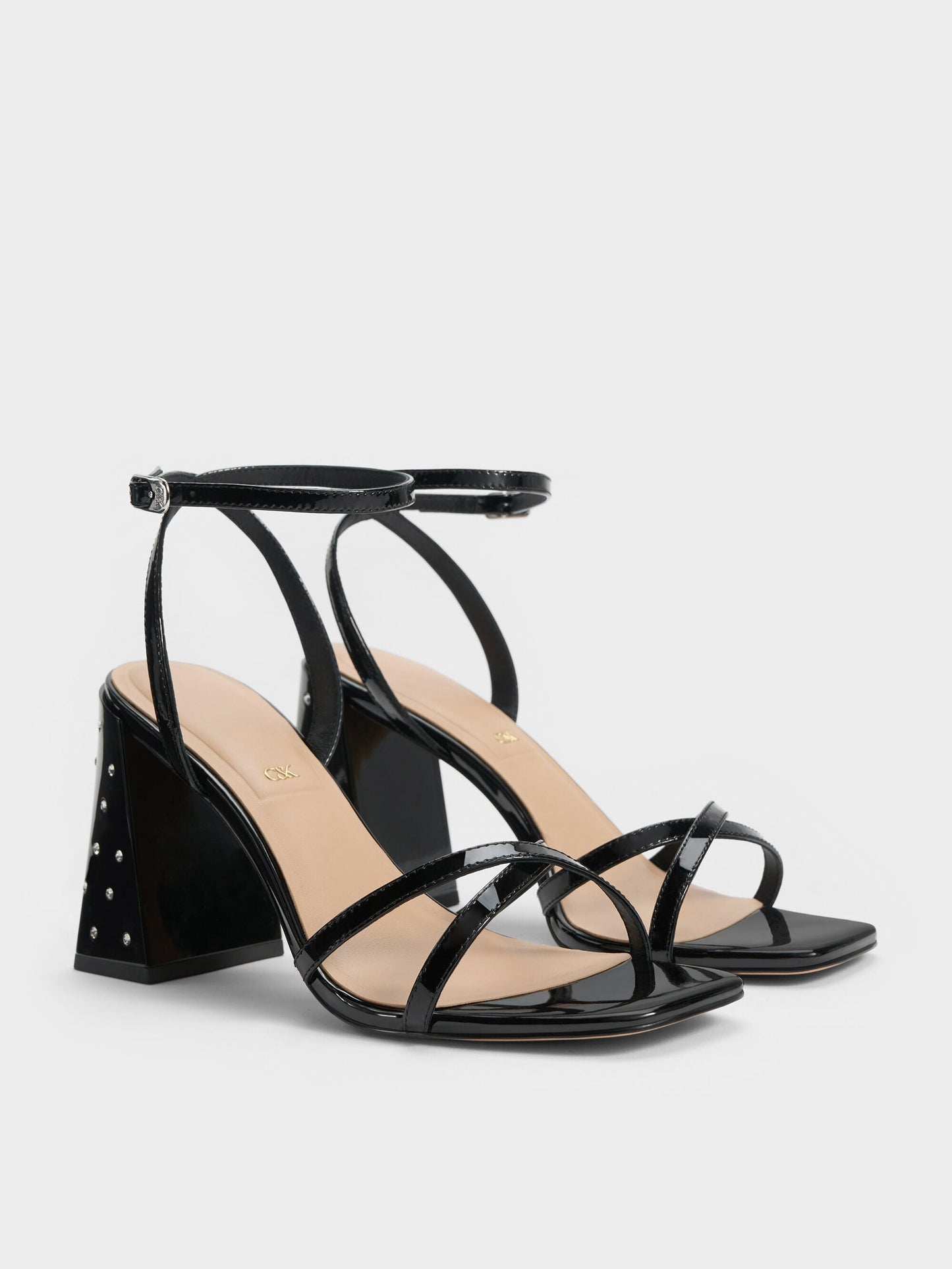 Emmaline Patent Leather Crystal Crossover Sandals - Black Patent | CHARLES & KEITH